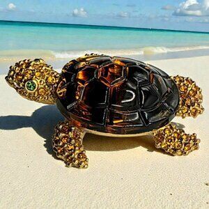 Vintage Loran Turtle Brooch Pin Glass Amber Tortoise Shell Gold Tone Green Eyes